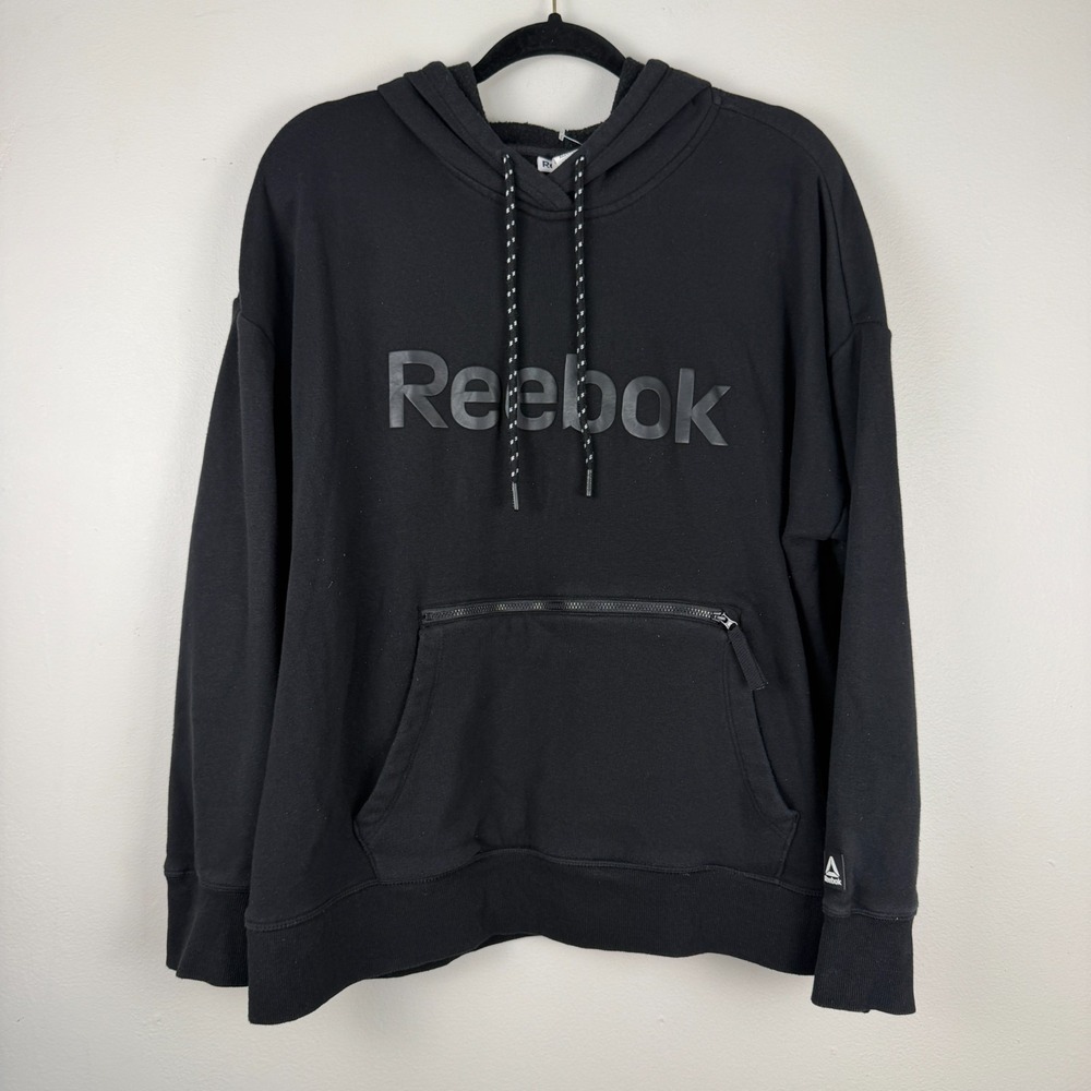 Reebok Hoodie Women's XL Black Spell Out Logo Long Sleeve Drawstring Pullover